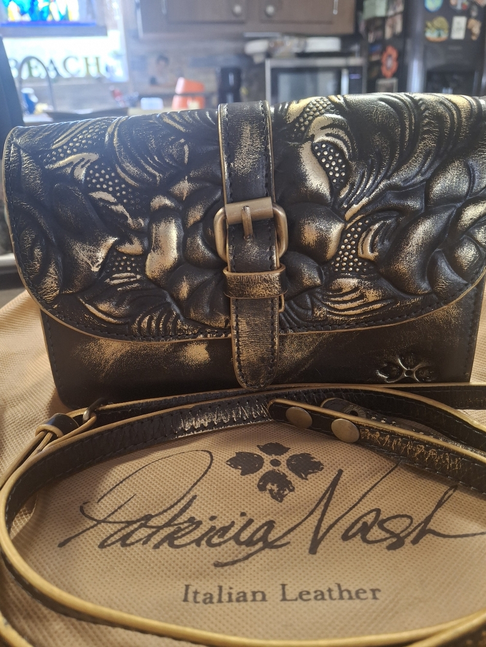 Patricia Nash Gorgeous Black Torri  Distressed Floral Embossed Leather Crossbody